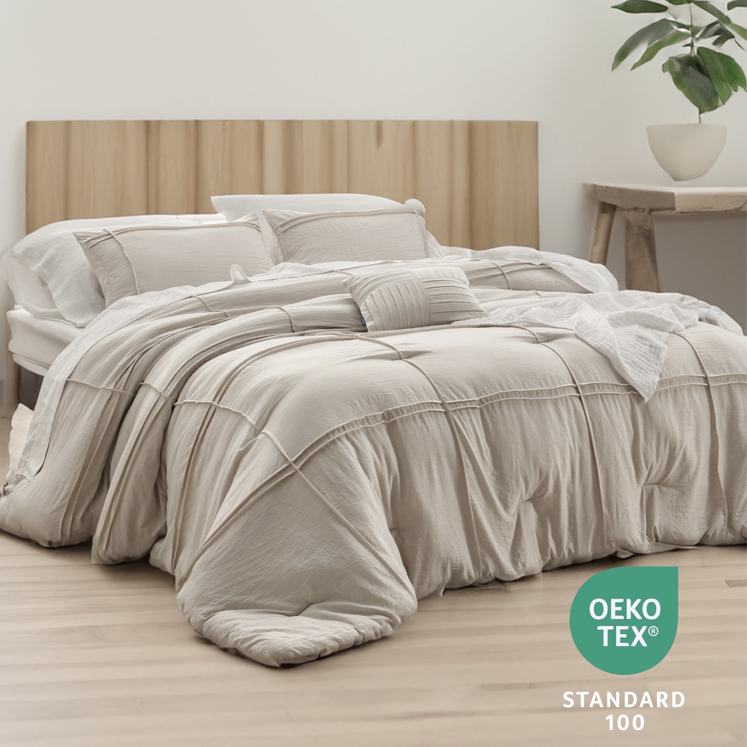 Cozy Comfort Beige Queen Comforter Set - 4 Pieces Grid Pleated Bed Set, Down Alternative Bedding Sets for All Season, 1 Comforter, 2 Pillowcases, 1 Decorative Pillow