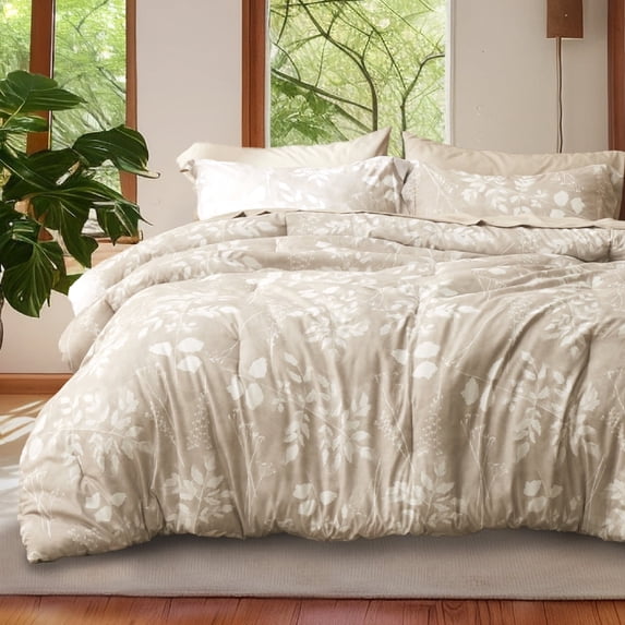U by Bedsure Beige Queen Comforter Set - 7 Pieces Floral Bedding Sets Queen Bed in a Bag with Botanical Flowers Comforter, Sheets, Pillowcases & Shams (Queen, Beige)