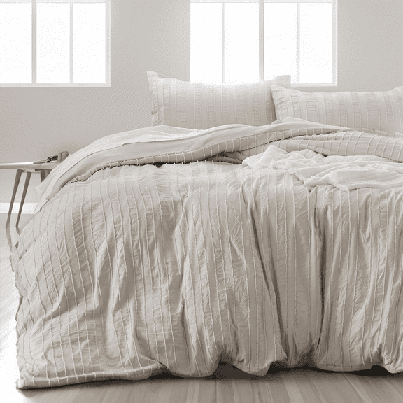 U by Bedsure Boho Comforter Set Full - Linen Color Tufted, 3 Pieces Farmhouse Shabby Chic Embroidery Bed Set, Striped Pattern Comforter for All Seasons