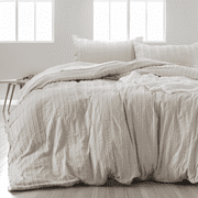 U by Bedsure Boho Comforter Set Queen - Linen Color Tufted, 3 Pieces Farmhouse Shabby Chic Embroidery Bed Set, Striped Pattern Comforter for All Seasons