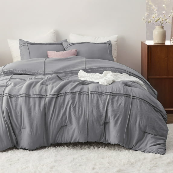 U by Bedsure California King Comforter Set with Sheet - 4 Pieces Soft Grey Bedding Sets, Grid Pinch Pleat, All Season Lightweight Fluffy Bed Set with Solid Boho Comforter, Pillowcases & Sheet