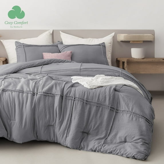 Cozy Comfort California King Comforter Set with Sheet - 4 Pieces Soft Grey Bedding Sets, Grid Pinch Pleat, All Season Lightweight Fluffy Bed Set with Solid Boho Comforter, Pillowcases & Sheet