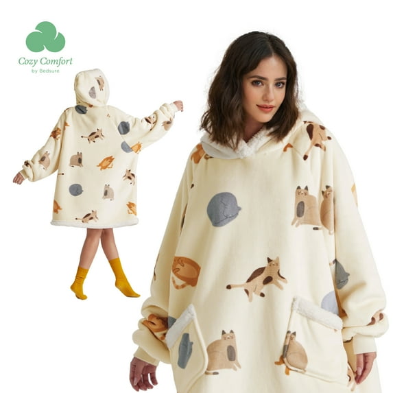 Cozy Comfort Cat Blanket Hoodie with Sleeves - Sherpa Hooded Blanket as Gifts for Mom Women Girlfriend Winter, Cozy Wearable Blanket Sweatshirt Adult