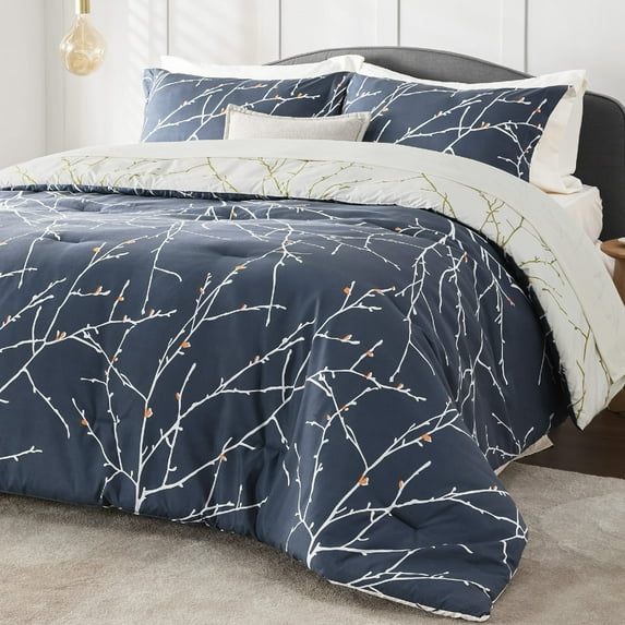 Cozy Comfort Comforter Set - Bed in A Bag 7 Piece Reversible Navy Blue Tree Branch Pattern Printed - 1 Comforter, 2 Pillow Shams, 1 Flat Sheet, 1 Fitted Sheet, 1 Bed Skirt, 2 Pillowcases