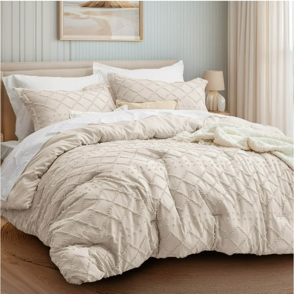 U by Bedsure Comforter Set, Boho Tufted Shabby Chic Bedding Comforter Set, 2 Pieces Vintage Farmhouse Bed Set for All Seasons, Soft Bedding Set with 1 Pillow Sham,Twin,Oat Milk
