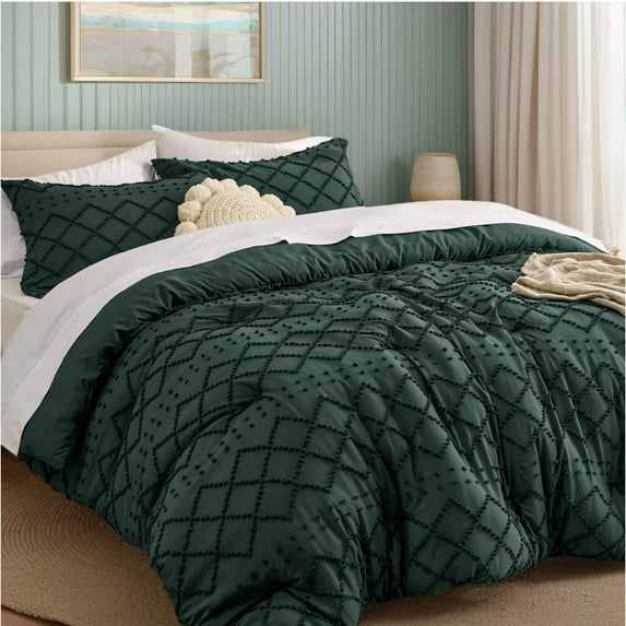 U by Bedsure Comforter Set, Boho Tufted Shabby Chic Bedding Comforter Set, 2 Pieces Vintage Farmhouse Bed Set for All Seasons, Soft Bedding Set with 1 Pillow Sham,Twin,Mallard Green