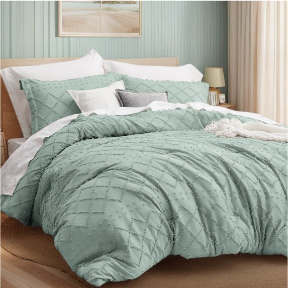 U by Bedsure Comforter Set, Boho Tufted Shabby Chic Bedding Comforter Set, 2 Pieces Vintage Farmhouse Bed Set for All Seasons, Soft Bedding Set with 1 Pillow Sham,Twin,Jadeite
