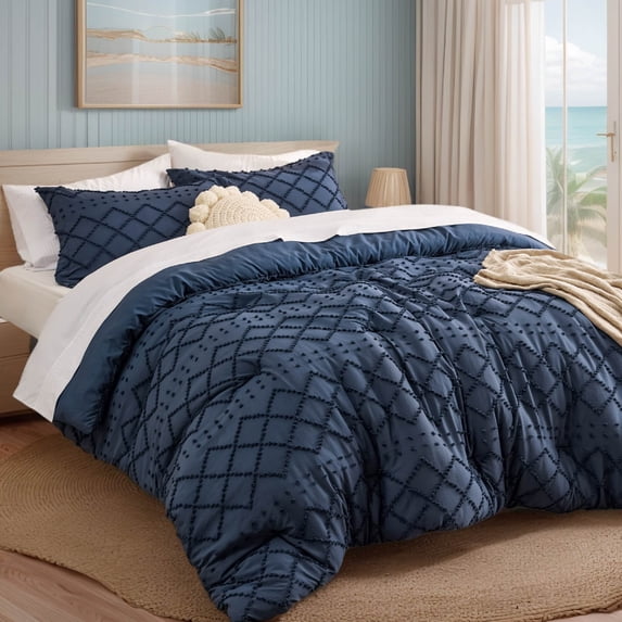 U by Bedsure Comforter Set, Boho Tufted Shabby Chic Bedding Comforter Set, 3 Pieces Vintage Farmhouse Bed Set for All Seasons, Soft Bedding Set with 2 Pillow Shams,Queen,Navy