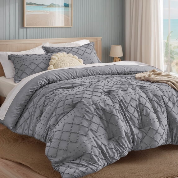 U by Bedsure Comforter Set, Boho Tufted Shabby Chic Bedding Comforter Set, 3 Pieces Vintage Farmhouse Bed Set for All Seasons, Soft Bedding Set with 2 Pillow Shams,Queen,Grey