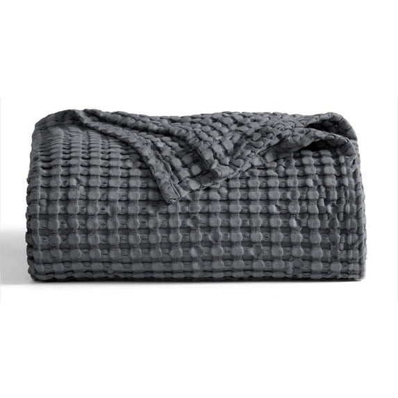 Cozy Comfort Cooling Cotton Waffle Breathable Rayon Derived from Bamboo Queen Blanket,Dark Grey,90x90 inches