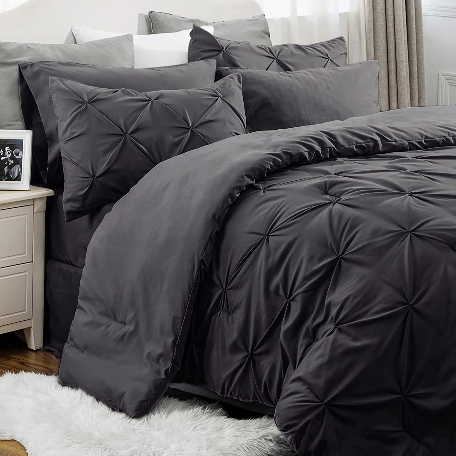 Cozy Comfort Dark Grey Queen Comforter Set - 7 Pieces Pintuck Bed in A Bag, with Comforters, Sheets, Pillowcases & Shams - Walmart.com