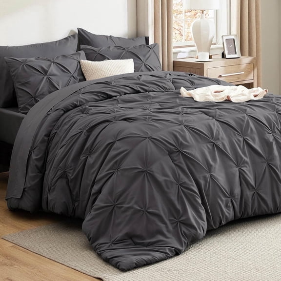 U by Bedsure Dark Grey Queen Comforter Set - 7 Pieces Pintuck Bed in A Bag, with Comforters, Sheets, Pillowcases & Shams