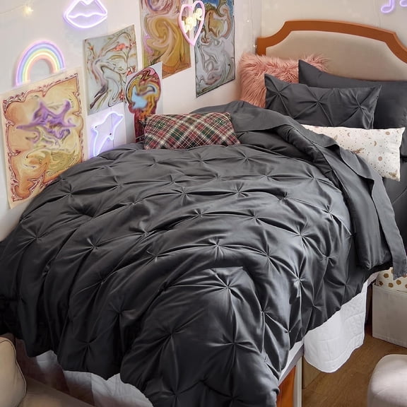 Dark Grey Twin Comforter Set - 5 Pieces Pintuck Bed in A Bag with Comforters, Sheets, Pillowcases & Shams