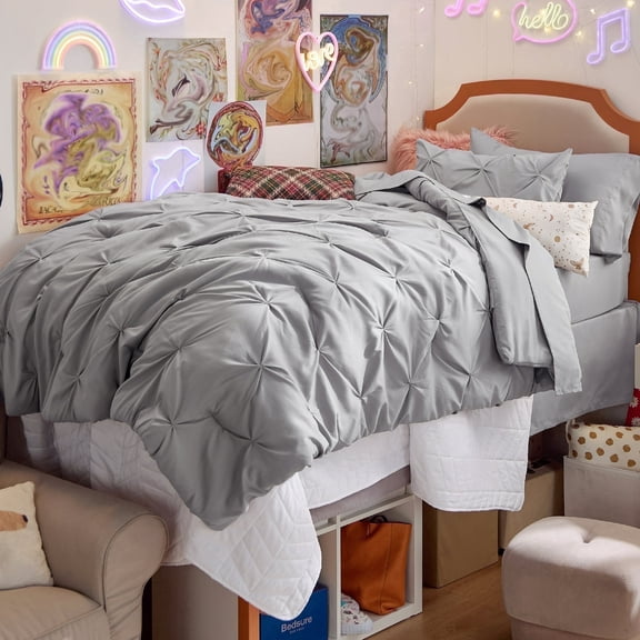Dorm Bedding Twin Comforter Set - 5 Pieces Pintuck Bed in A Bag with Comforters, Sheets, Pillowcases & Shams, Gray