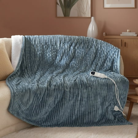 U by Bedsure Electric Blanket Heated Full - Soft Ribbed Flannel Heated Blanket, Fast Heating Electric Throw with 6 Heating Levels & 4 Time Settings, 3 Hours Auto-Off, Grey