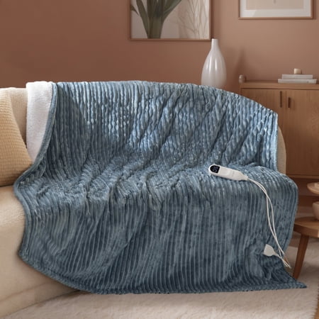 U by Bedsure Electric Blanket Heated Full - Soft Ribbed Flannel Heated Blanket, Fast Heating Electric Throw with 6 Heating Levels & 4 Time Settings, 3 Hours Auto-Off, Grey