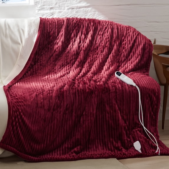 Cozy Comfort Electric Blanket Heated Throw - Soft Ribbed Flannel Heated Blanket, Fast Heating Electric Throw with 6 Heating Levels & 4 Time Settings, 3 Hours Auto-Off (50x60 inches, Burgundy)