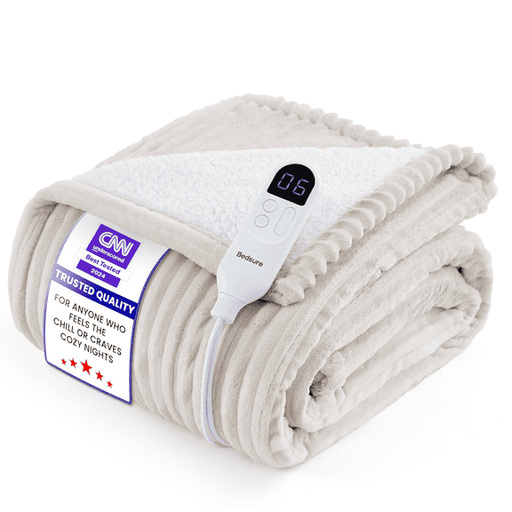 U by Bedsure Electric Blanket Heated Throw - Soft Ribbed Flannel Heated Blanket, Fast Heating Electric Throw with 6 Heating Levels & 4 Time Settings, 3 Hours Auto-Off, 50x60 inches, Natural