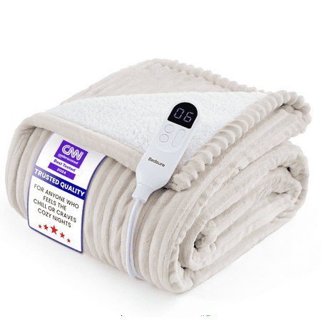 U by Bedsure Electric Blanket Heated Throw - Soft Ribbed Flannel Heated Blanket, Fast Heating Electric Throw with 6 Heating Levels & 4 Time Settings, 3 Hours Auto-Off, 50x60 inches, Natural