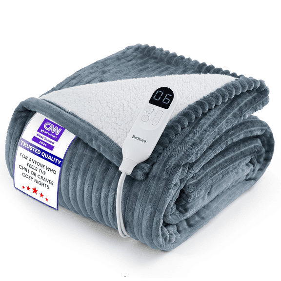 U by Bedsure Electric Blanket Heated Throw - Soft Ribbed Flannel Heated Blanket, Fast Heating Electric Throw with 6 Heating Levels & 4 Time Settings, 3 Hours Auto-Off, 50x60 inches, Grey