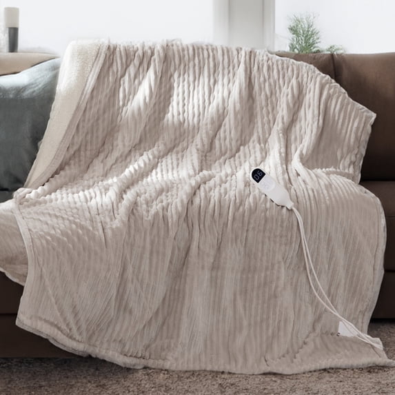 Cozy Comfort Electric Blanket Heated Throw - Soft Ribbed Flannel Heated Blanket, Fast Heating Electric Throw with 6 Heating Levels & 4 Time Settings, 3 Hours Auto-Off (50x60 inches, Cream)