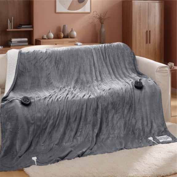 Flannel Electric Blanket Queen, Flannel Heated Blanket with 10 Heat Settings, with 10 Time Settings, 8 hrs Timer Auto Shut Off, and Dual Control, 84x90 inches, Grey
