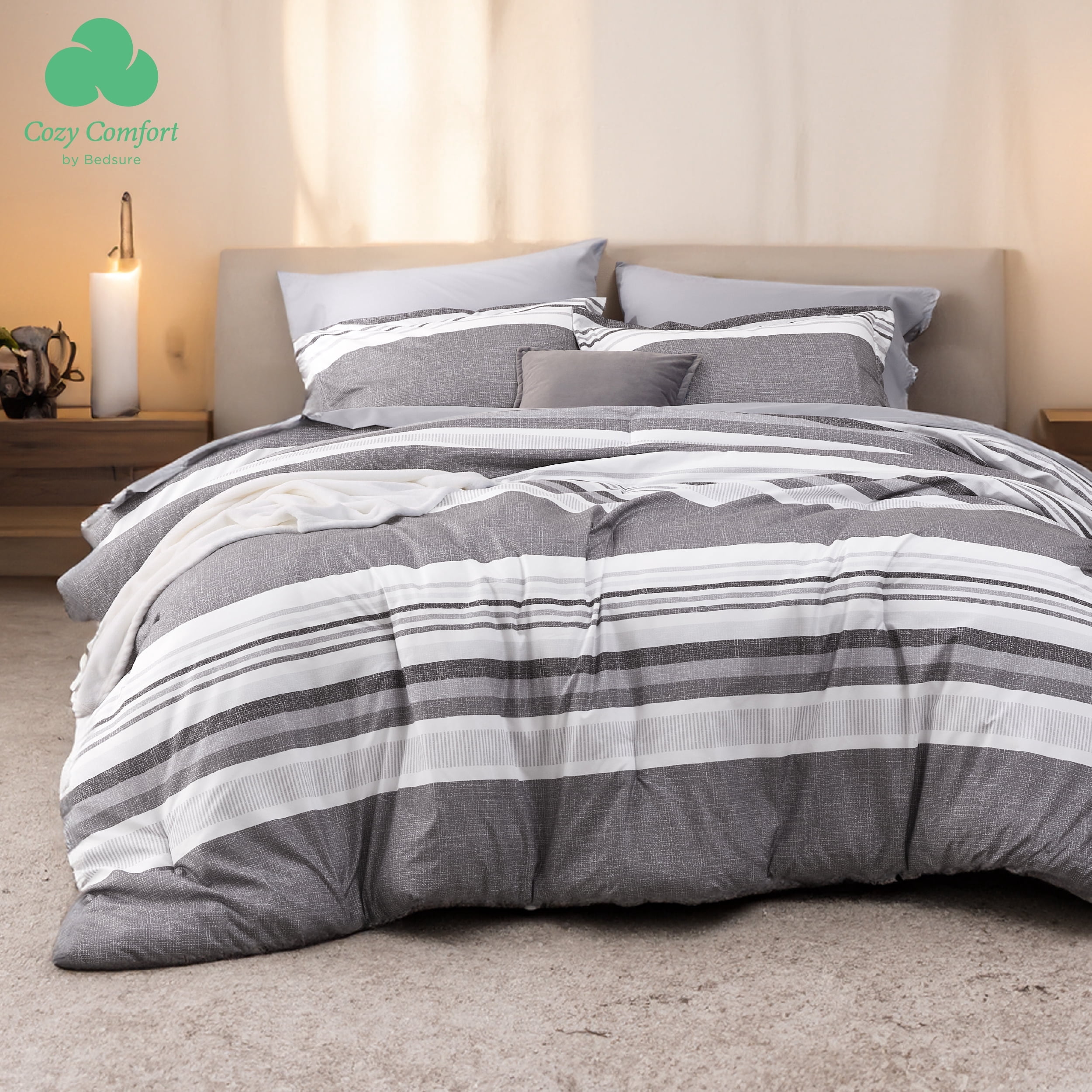 Cozy Comfort by Bedsure U by Bedsure Full Comforter Set - 7 Pieces Grey White Striped Bedding Sets Full Bed in A Bag with Comforters Full Size, Sheets, Pillowcases & Shams, Bed Sets