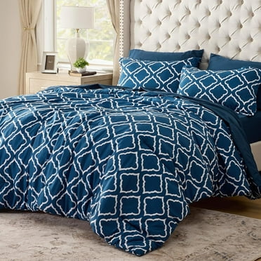 Cozy Comfort Full Comforter Set 7 Pieces - Navy Blue Quatrefoil Comforters Full Size, Lightweight Bedding Sets for All Season, Bed in a Bag with Comforters, Sheets, Pillowcases & Shams
