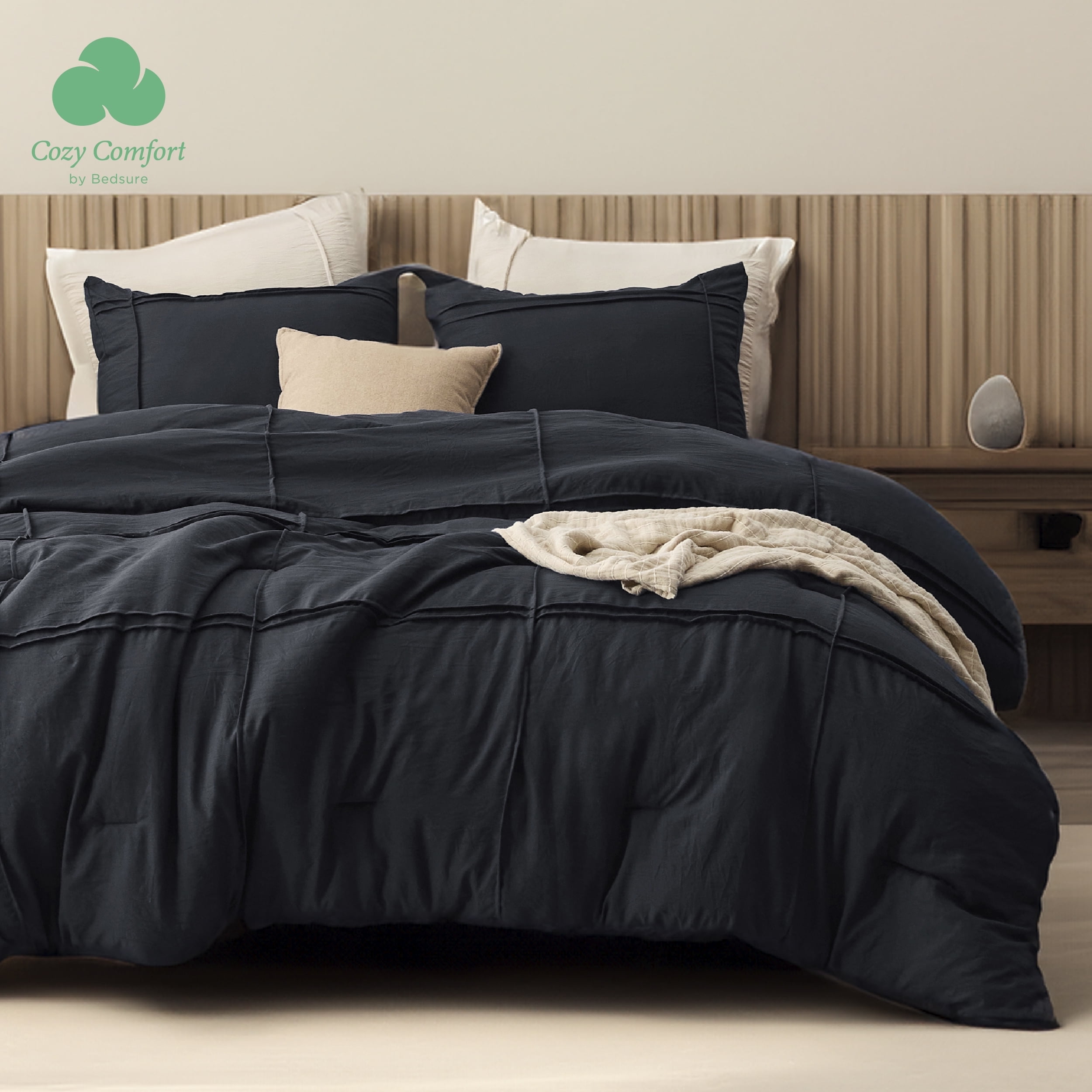 Cozy Comfort Full Comforter Set with Sheet - 4 Pieces Soft Black Bedding Sets, Grid Pinch Pleat ...