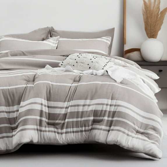 U by Bedsure Full Size Bedding Sets 7 Pieces, Warm Taupe White Striped Bedding Comforter Sets All Season Bed Set, 2 Pillow Shams, Flat Sheet, Fitted Sheet and 2 Pillowcases