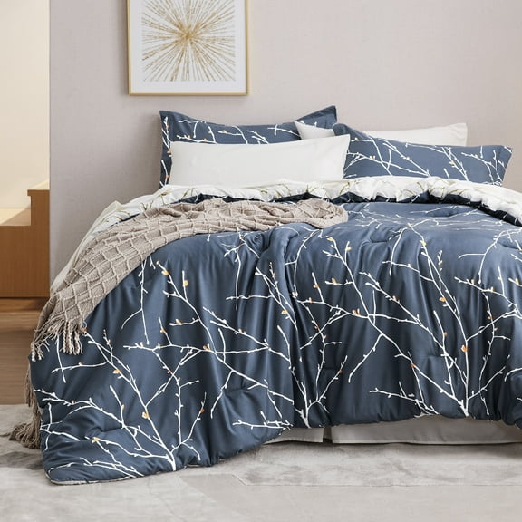 Full Size Comforter Set - 7 Pieces Reversible Full Bed in a Bag Navy Full Bed Set Tree Branch with Comforters, Sheets, Pillowcases & Shams, Full Bedding Sets