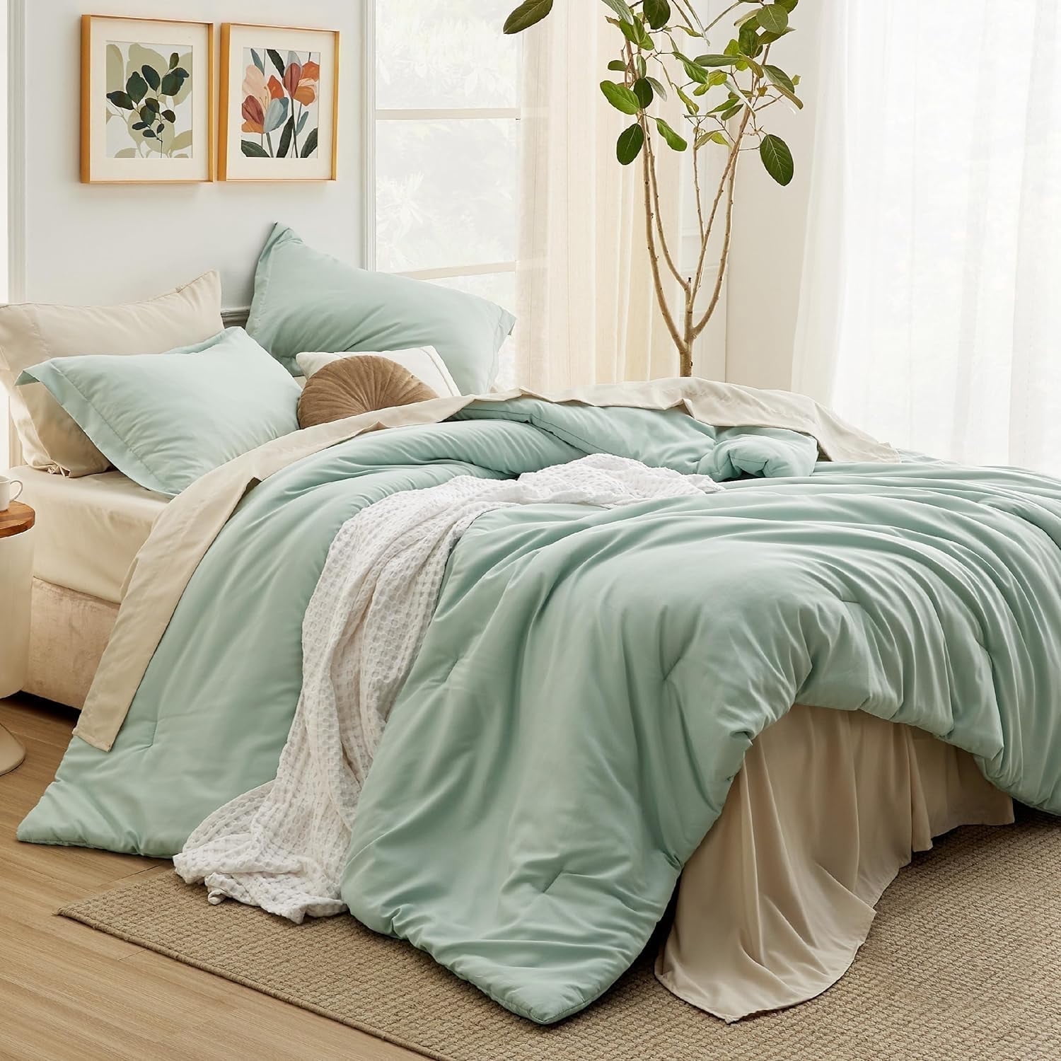 Cozy Comfort by Bedsure U by Bedsure Full Size Comforter Set Sage Green, 7 Pieces Soft Bedding Sets with Comforter, Sheets, Pillowcases & Shams, All Season Boho, Contrasting Design