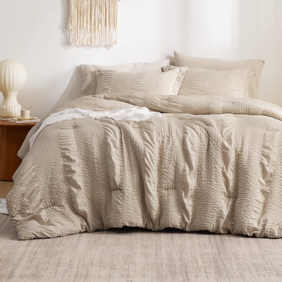 Full Size Comforter Sets - Bed in a Bag Full 7 Piece Stripes Seersucker Bedding Set, Soft Lightweight Down Alternative Comforter Full Bed Set(Khaki,Full 82 x 86 inch)