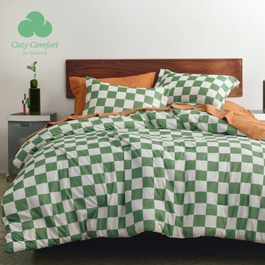 Cozy Comfort Green Checkered Comforter Set,3 Pieces, 1 Queen Fluffy Grid Plaid Bedding Set, with 2 Pillow Shams
