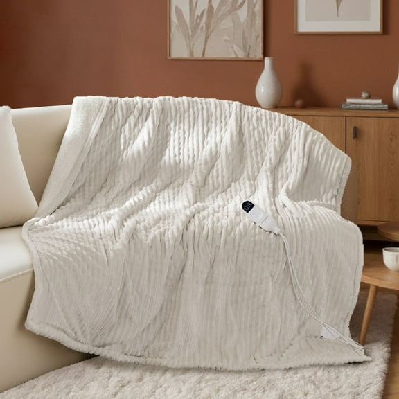 U by Bedsure Heated Blanket Electric Twin - Soft Ribbed Flannel, Fast Heating Electric Blanket with 6 Heating Levels & 10 Time Settings, 8 Hours Auto-Off, 62x84 inches, Natural