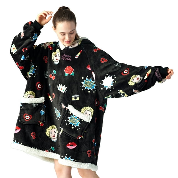 Cozy Comfort Hoodie, Black, Sherpa Fleece Wearable Blanket Pop Graphics