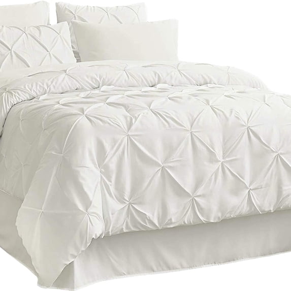 U by Bedsure Ivory Full Comforter Sets - 7 Pieces Pintuck Bed Set , Bed in A Bag with Comforters, Sheets, Pillowcases & Shams