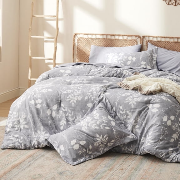 U by Bedsure King Comforter Set - 7 Pieces Grey Floral Bedding Sets King Bed in a Bag with Reversible Botanical Flowers Comforter, Sheets, Pillowcases & Shams (King, Grey)