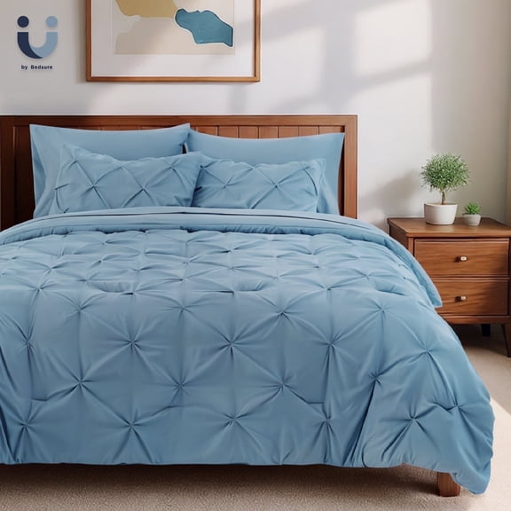 U by Bedsure King Comforter Set 7 Pieces- Pinch Pleat Bed in A Bag with Comforters, Sheets, Pillowcases & Shams, Mineral Blue, King, Mineral Blue