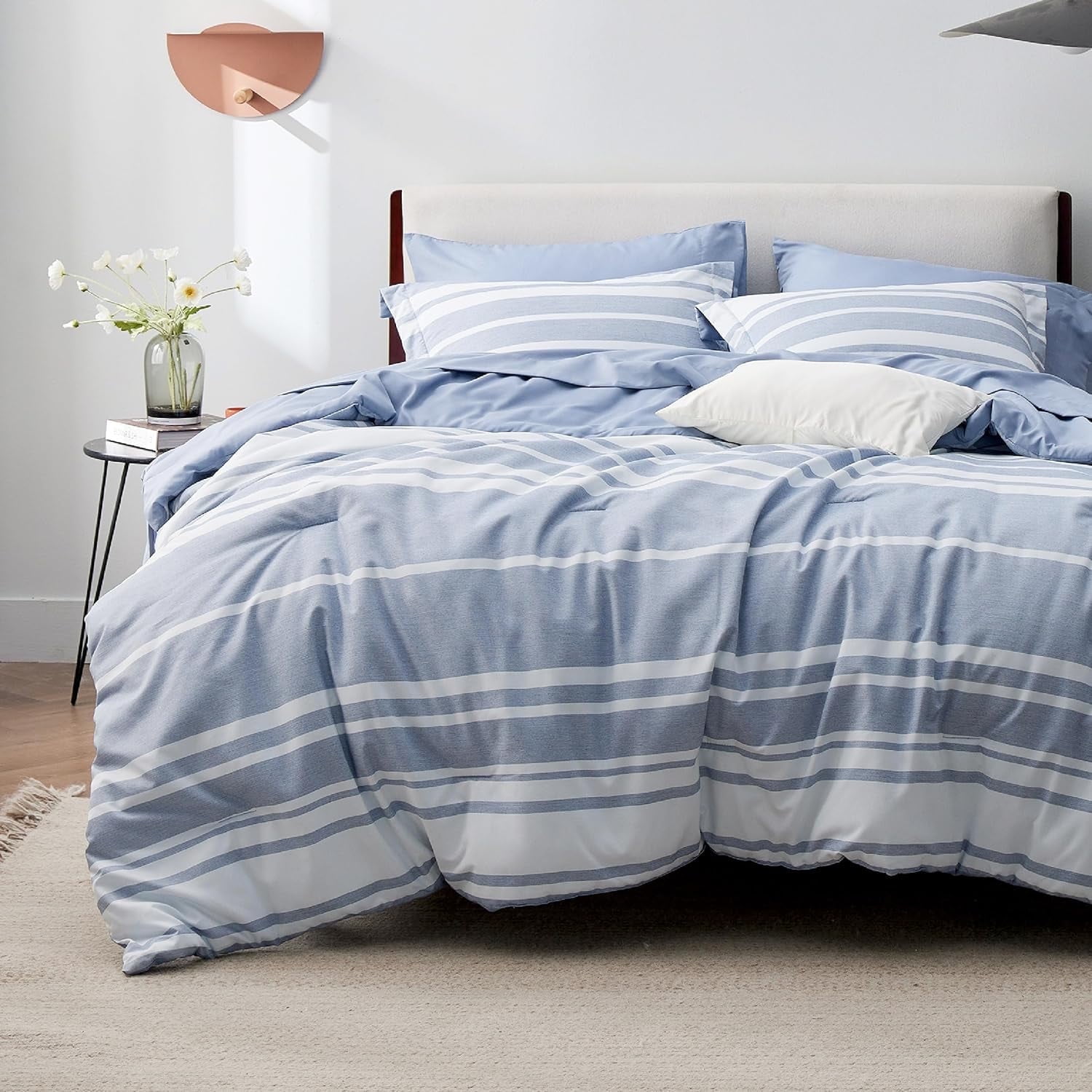 Cozy Comfort by Bedsure U by Bedsure King Comforter Set, 7 Pieces Blue White Striped Bedding Sets All Season, Bed in a Bag with Comforter, Sheets, Pillowcases & Shams