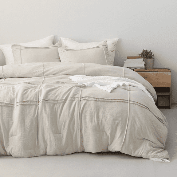 King Comforter Set with Sheet - 4 Pieces Soft Beige Bedding Sets, Grid Pinch Pleat, All Season Lightweight Fluffy Bed Set with Solid Boho Comforter, Pillowcases & Sheet