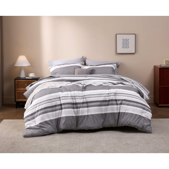 U by Bedsure King Size Comforter Set - 7 Pieces Grey White Striped Bedding Sets King Bed in A Bag with Comforters King Size, Sheets, Pillowcases & Shams, Bed Sets（King, Frost Gray)