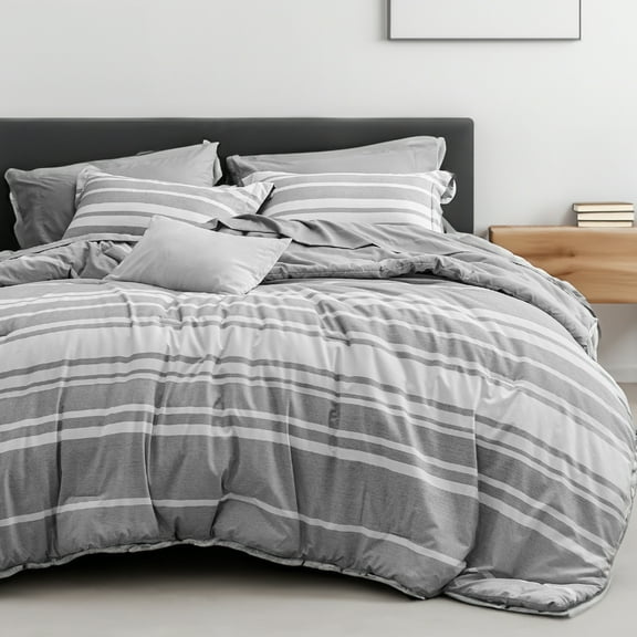 U by Bedsure King Size Comforter Set - 7 Pieces King Bedding Sets All Season Bed Set, Grey White Striped Bed in a Bag with Comforter, Sheets, Pillowcases & Shams