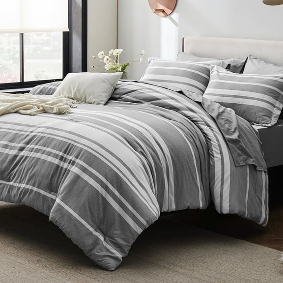 U by Bedsure King Size Comforter Set - 7 Pieces King Bedding Sets All Season Bed Set, Grey White Striped Bed in a Bag with Comforter, Sheets, Pillowcases & Shams