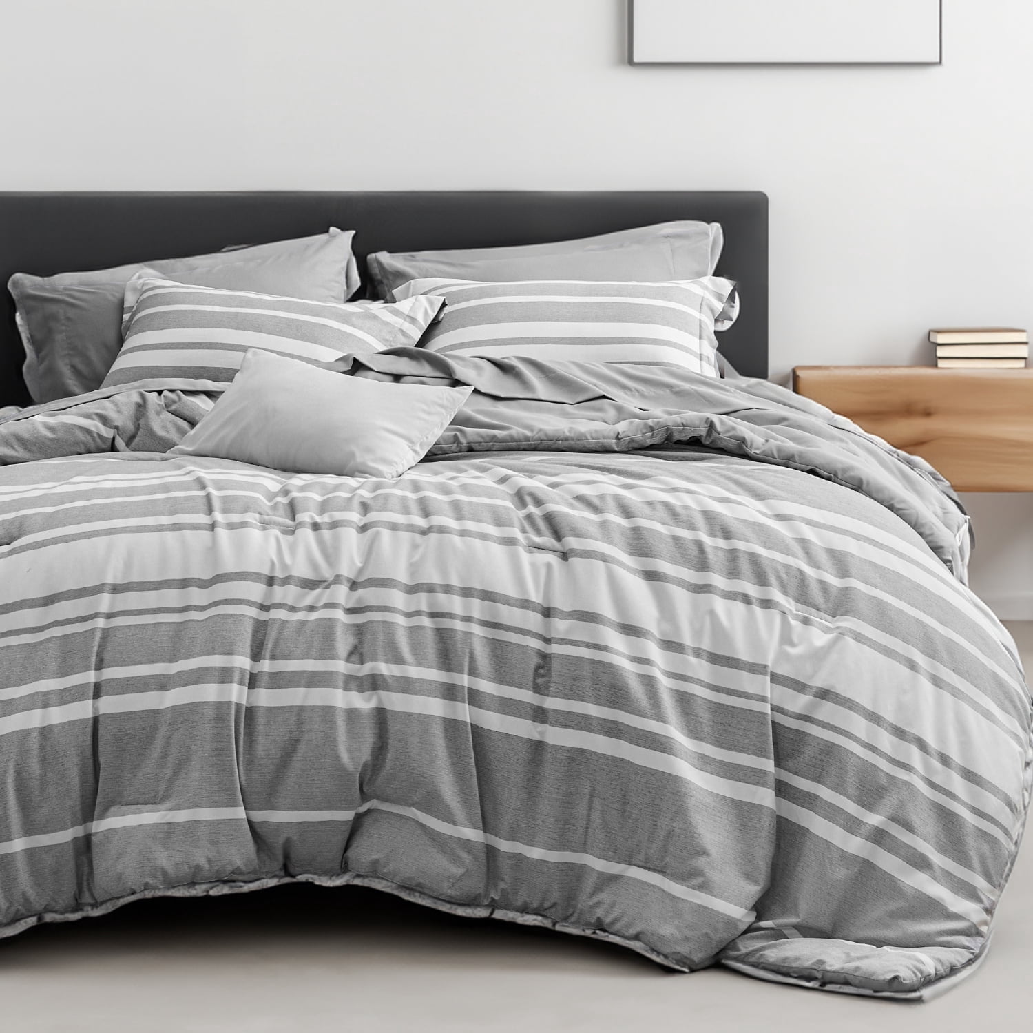U by Bedsure King Comforter Set, 7 Pieces Gray White Striped Bedding Sets All Season, Bed in a Bag with Comforter, Sheets, Pillowcases & Shams