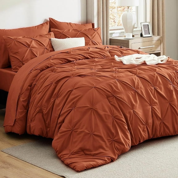 U by Bedsure King Size Comforter Set - Bedding Set King 7 Pieces, Pintuck Bed in a Bag Burnt Orange Bed Set with Comforter, Sheets, Pillowcases & Shams, Burnt Orange
