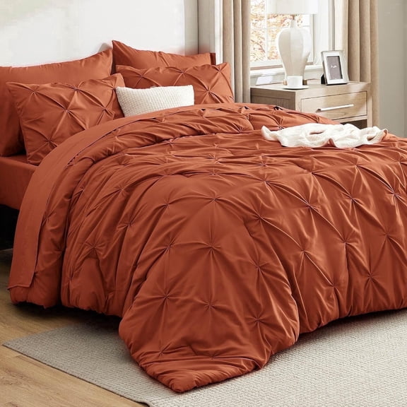 U by Bedsure King Size Comforter Set - Bedding Set King 7 Pieces, Pintuck Bed in a Bag Burnt Orange Bed Set with Comforter, Sheets, Pillowcases & Shams, Burnt Orange
