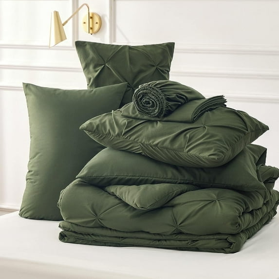 King Size Comforter Set - Bedding Set King 7 Pieces, Pintuck Bed in a Bag Olive Green Bed Set with Comforter, Sheets, Pillowcases & Shams, Olive Green