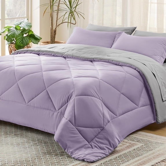 U by Bedsure Light Purple Queen Comforter Set - 7 Pieces Reversible Queen Bed in a Bag, Queen Bed Set Light Purple and Grey with Comforters, Sheets, Pillowcases & Shams