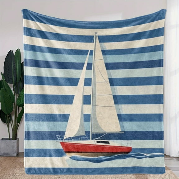Cozy Comfort, Nautical-Themed Flannel Blanket with Striped Sailboat Print – Cozy, Soft, and Warm, Ideal for Sofa, Bed, Car, Office, Camping, Travel – Versatile All-Season Gift, Blue and White